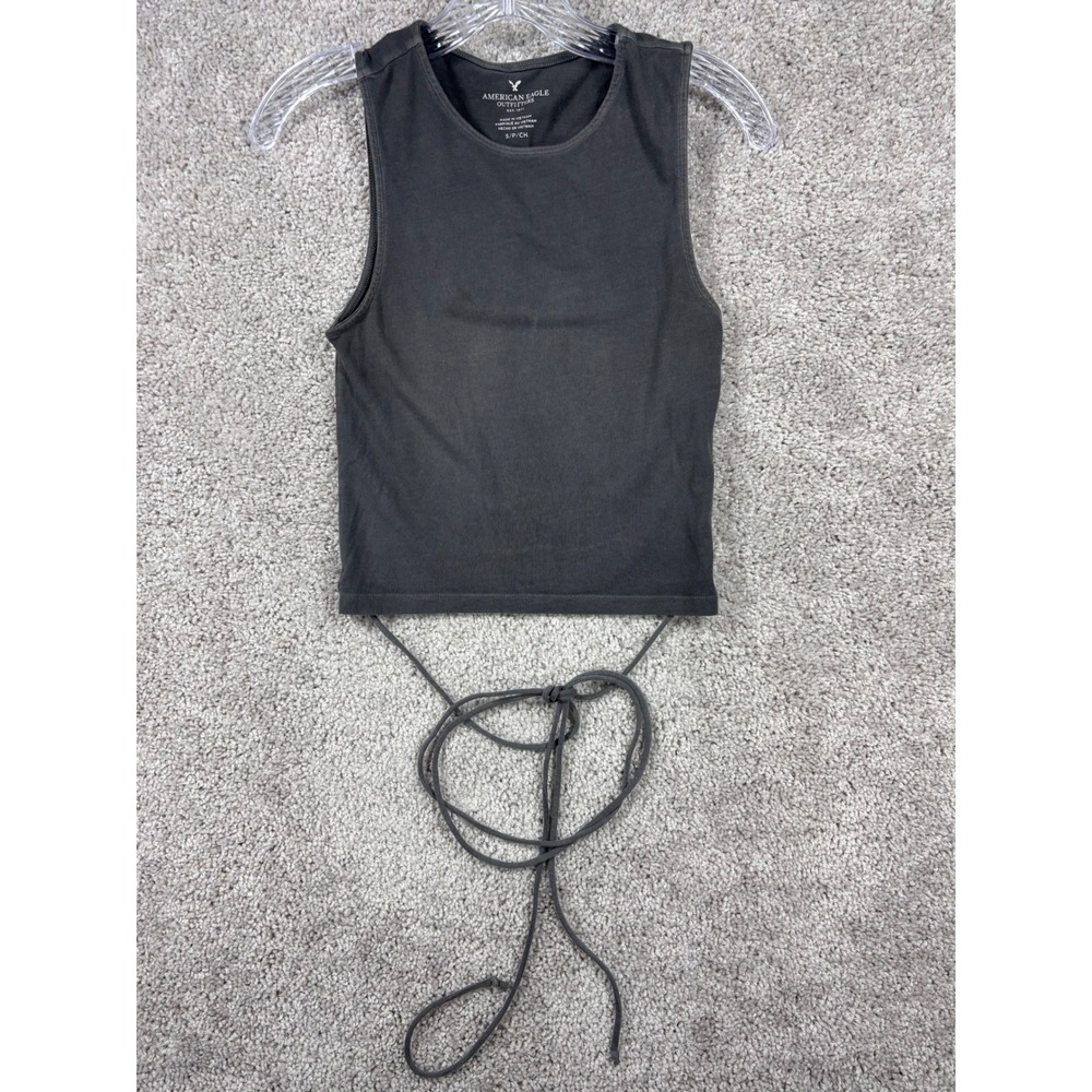 American Eagle Womens Dark‎ Gray Tie Waist Cropped Tank Top S Crew Neck Ribbed
